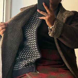 L.L. Bean Birdseye Wool Knit Full Zip Cardigan Sweater Navy & Cream